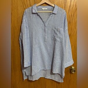 Beach lunch lounge Blue and White Striped Shirt sz XL cotton linen blend AB